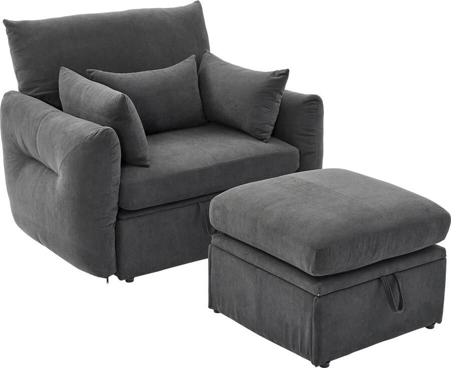 Merax Fauteuil met Opbergruimte en Voetenstoen Stoel met Hoog Comfort Modern Design Grijs