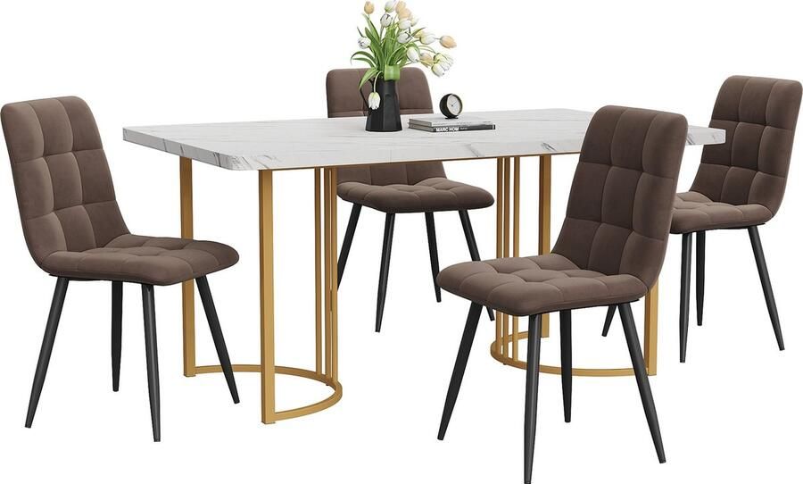 Merax Eethoek Set (5-delig) – Eettafel 140x80 cm met 4 Stoelen – MDF Tafelblad met Marmorlook – Gouden Metalen Poten – Bruine Velvet Stoelen