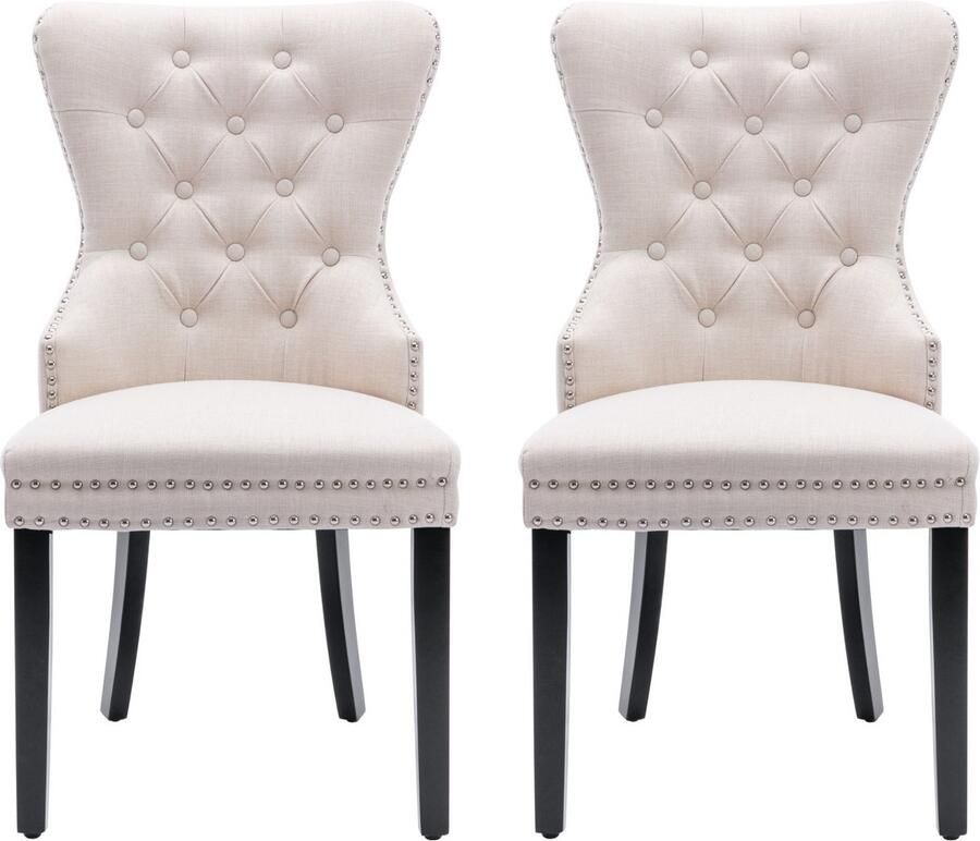 Merax Set van 2 Beige Eetkamerstoelen met Chromen Ring – Linnen Stoelen met Knopen detail en Nagelkopafwerking – Eikenhouten Poten – Klassiek en Comfortabel Design