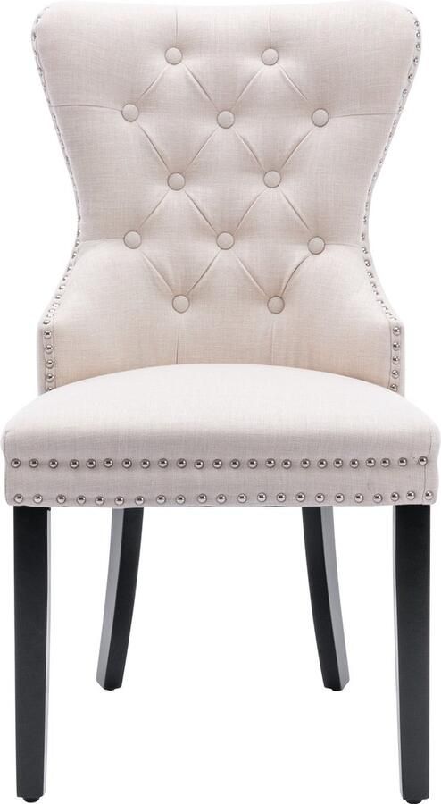 Merax set van 4 linnen eetkamerstoelen Beige met knoopdetails en eikenhouten poten