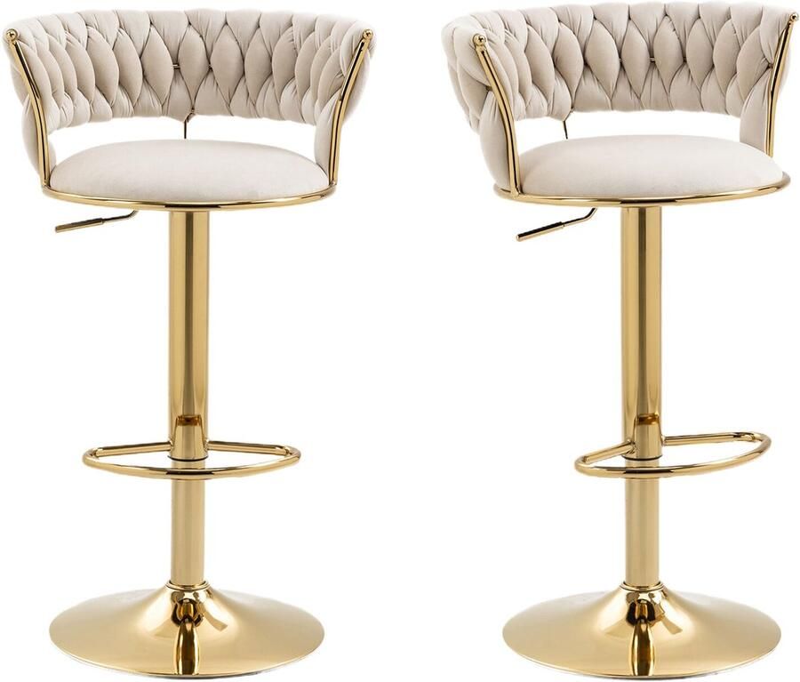 Merax set van 2 draaibare barstoelen fluweel ivoor verstelbare barkrukken met rugleuning en gouden onderstel 360° draaibaar luxe design comfortabele zit geschikt voor keuken of kookeiland