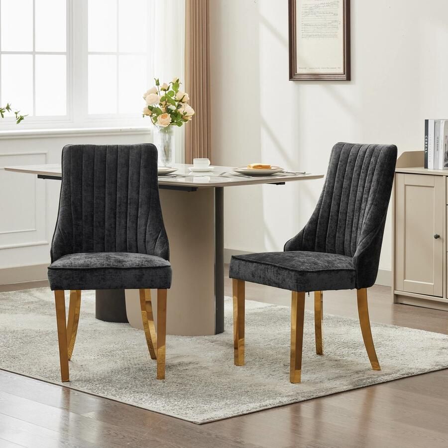 Merax Set van 2 Eetkamerstoelen Chenille Stoffen Gestoffeerde Stoelen Comfortabele Hoge Rugleuning Zwarte Stoelen met Gouden Roestvrijstalen Poten 65x50x95 cm