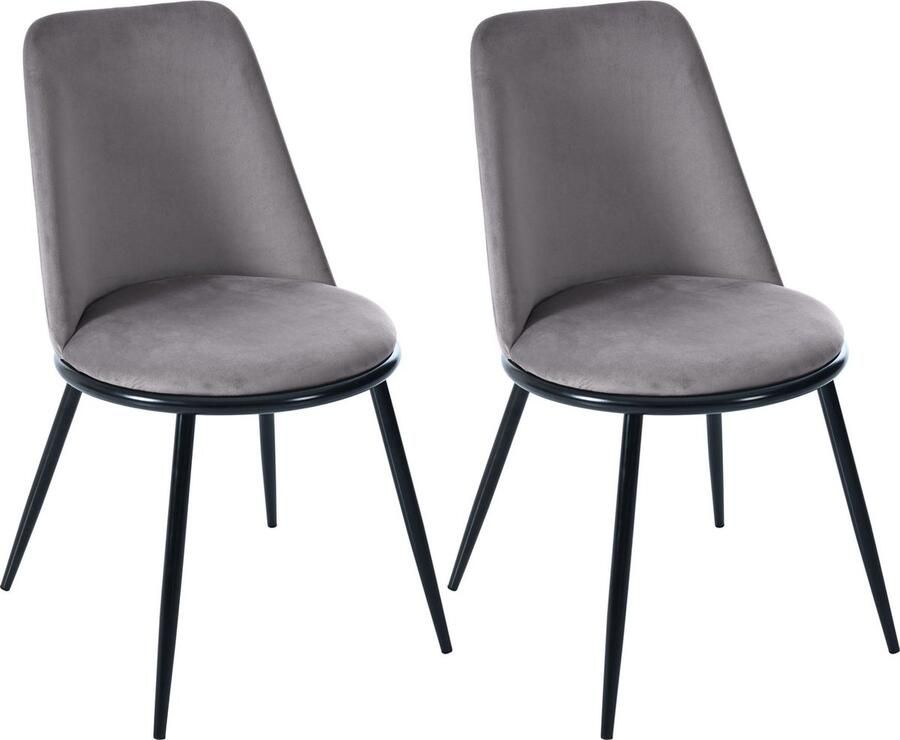 Merax Esszimmerstuhl (2 Stuks) Ronde Sitzlehne en Zachte Samt Bekleding Moderne Keukenstoel met Zwarte Metalen Poten Max. Draagvermogen 150kg Grijs