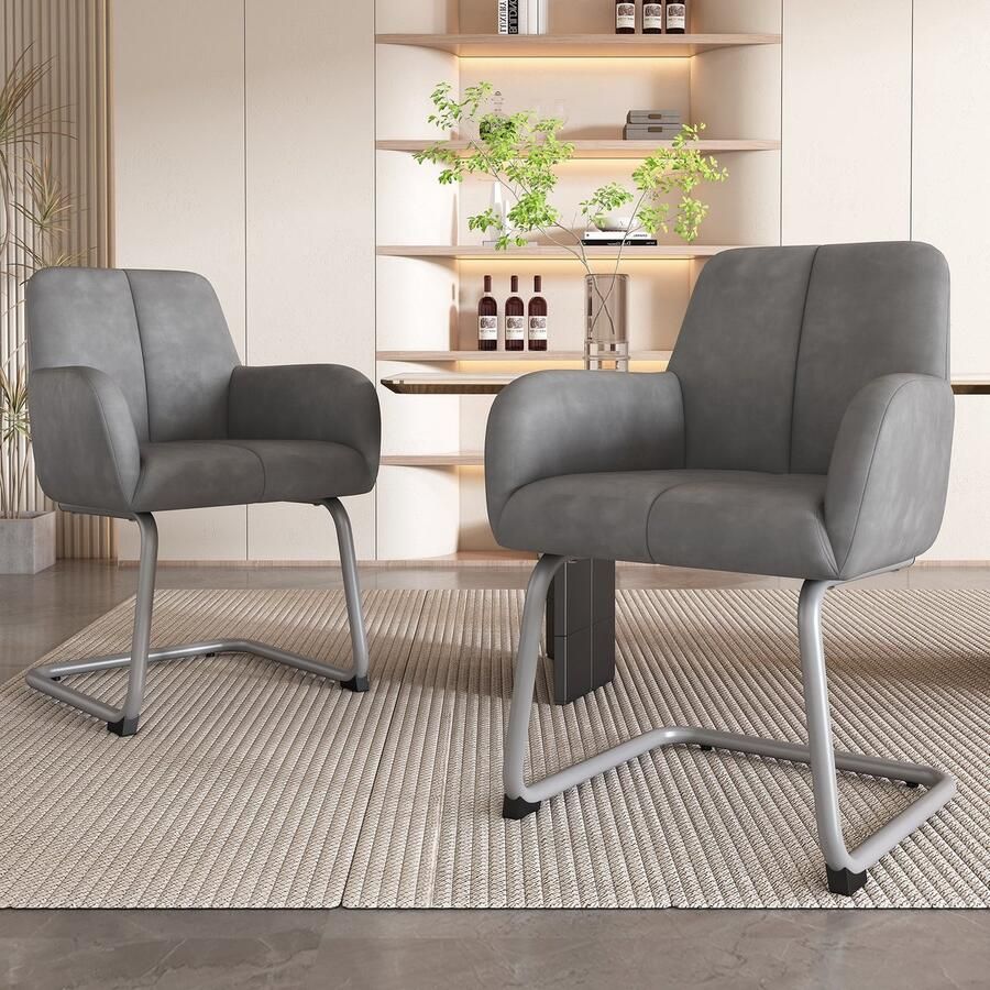 Merax Set van 6 Eetkamerstoelen – Moderne Minimalistische Stoelen met Gebogen Stalen Poten – Kunstleer Stoelen met Ergonomisch Design en Armleuningen Grijs met Zilver - Foto 2