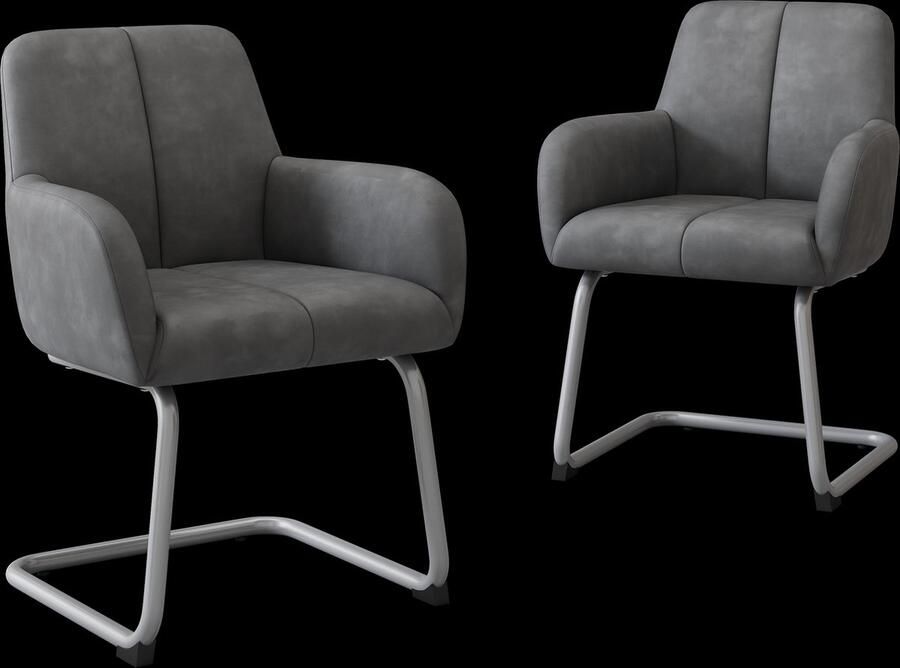 Merax Set van 6 Eetkamerstoelen – Moderne Minimalistische Stoelen met Gebogen Stalen Poten – Kunstleer Stoelen met Ergonomisch Design en Armleuningen Grijs met Zilver