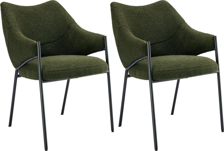 Merax Set van 2 Eetkamerstoelen Loungestoelen met Armleuningen Gestoffeerde Stoelen in Lamswol Stijl Dikke Zitkussens Verstelbare Metalen Poten Groen