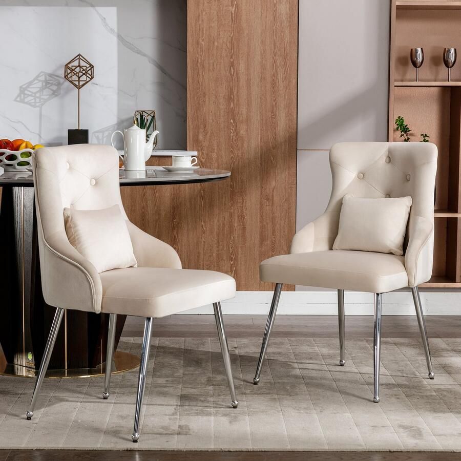 Merax Set van 2 eetkamerstoelen met knopenpatroon gestoffeerde fauteuils moderne loungestoelen stoelen in de slaapkamer woonkamer met lendenkussens beige