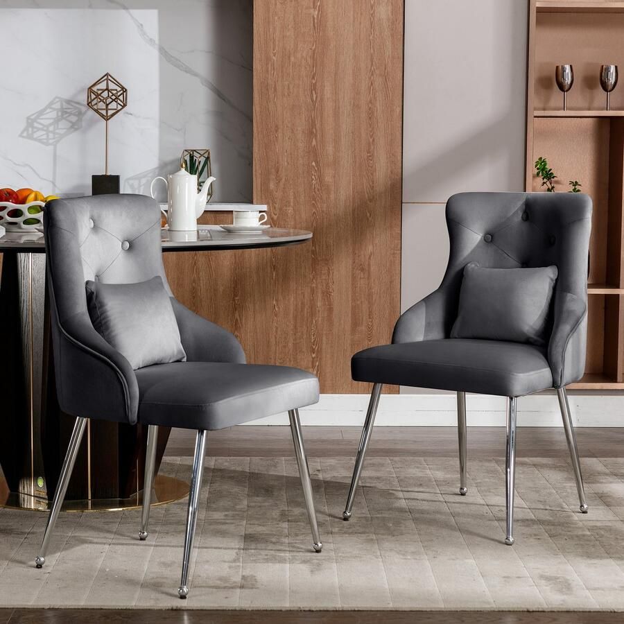 Merax Set van 2 eetkamerstoelen met knopenpatroon gestoffeerde fauteuils moderne loungestoelen stoelen in de slaapkamer woonkamer met lendenkussens Grijs