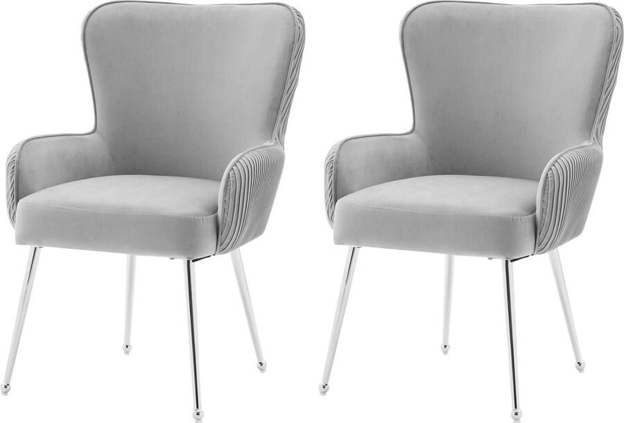 Merax Luxe Fluwelen Eetkamerstoelen Set van 2 – Ergonomische Lounge Stoelen met Armleuningen en Verstelbare Zilveren Metaalpoten – Comfortabele Stoelen voor Woonkamer en Slaapkamer – Grijs