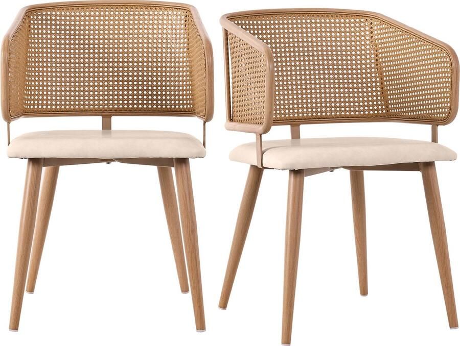 Merax 2 Esszimmerstoelen met Rattan Rugleuning en PU Leder Zitkussen – Comfortabel en Ademend – Modern Design voor Woonkamer Eetkamer en Cafés - Foto 2