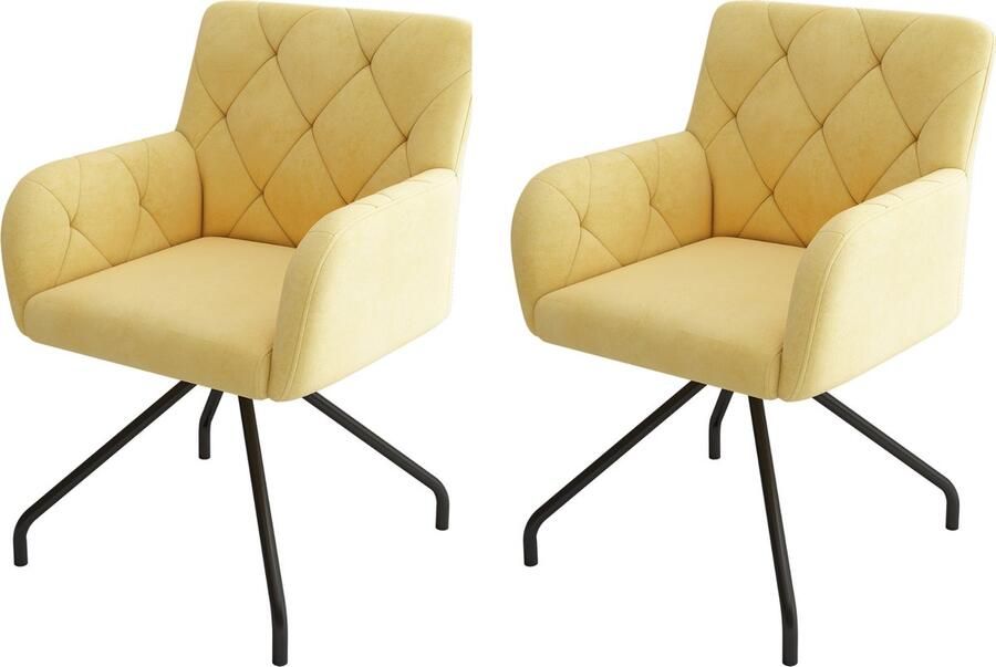 Merax Set van 2 Eetkamerstoelen – Modern Gestoffeerde Stoelen met Ruitpatroon – Samt Stoelen met Metalen Poten – Comfortabele Stoelen voor Woonkamer Slaapkamer of Werkplek – Lichtgeel