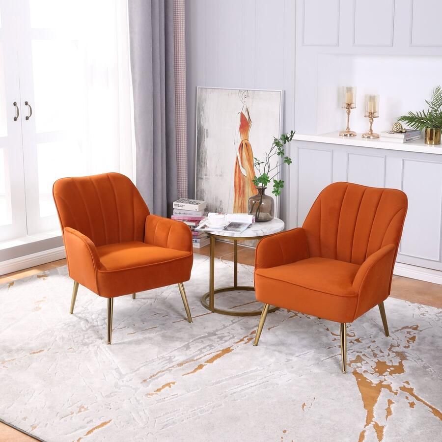 Merax Set van 2 Samt Accent Stoelen Ergonomische Freizeitsitze voor Woonkamer Thuiswerkplek en Kantoor Oranje