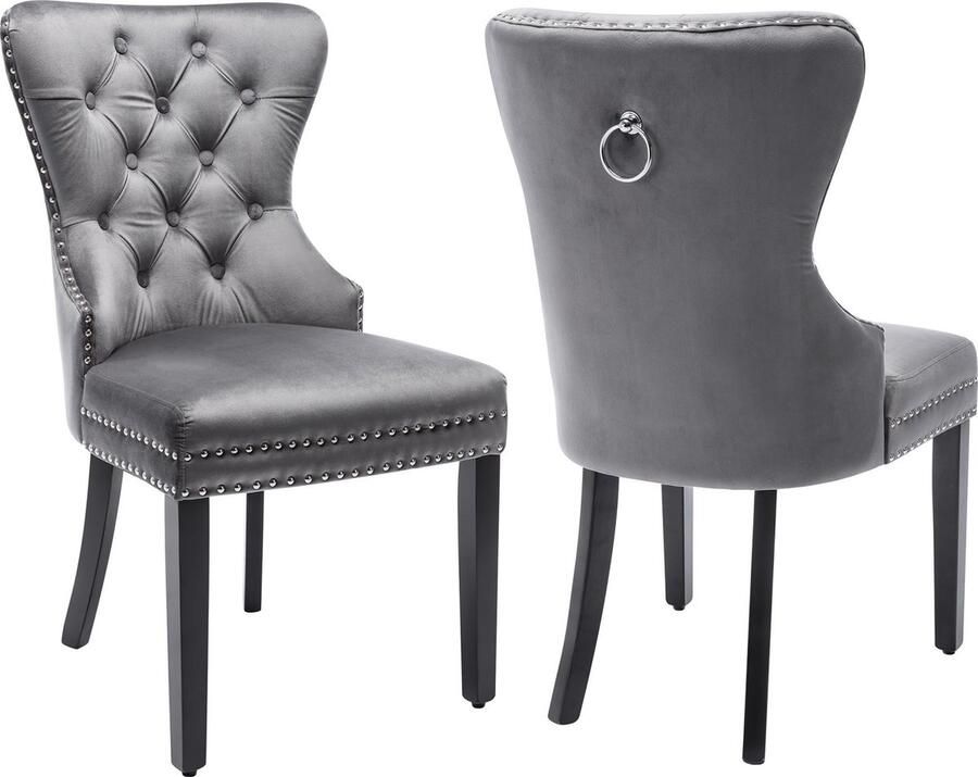 Merax Set van 2 Fluwelen Eetkamerstoelen met Eikenhouten Poten Knopen Chroom Handgreep en Decoratieve Nieten Voor Slaapkamer Keuken en Woonkamer (Grijs)