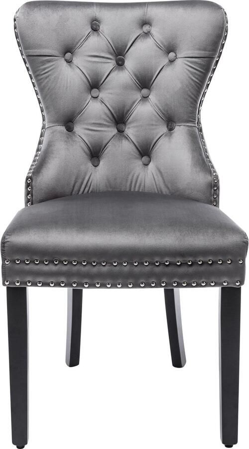 Merax Set van 2 Fluwelen Eetkamerstoelen met Eikenhouten Poten Knopen Chroom Handgreep en Decoratieve Nieten Voor Slaapkamer Keuken en Woonkamer (Grijs) - Foto 2