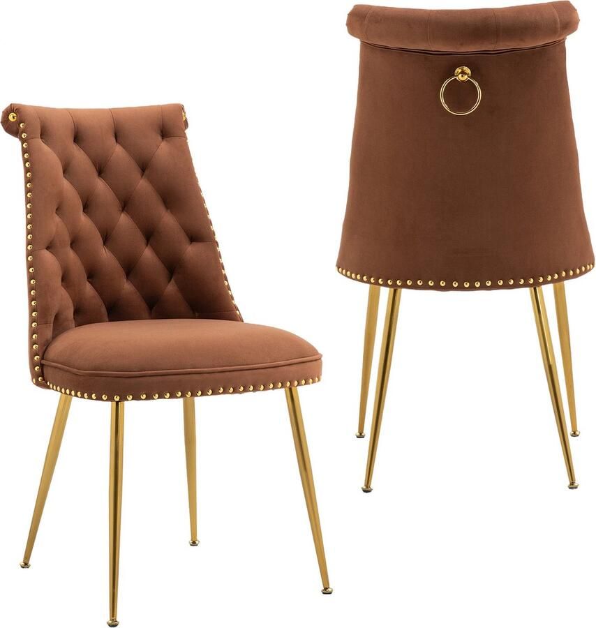 Merax Set van 2 Fluwelen Eetkamerstoelen met Gouden Metalen Poten – Luxe Designstoelen voor Woonkamer en Eetkamer Coffee (43.9x62x87.5 cm) - Foto 2