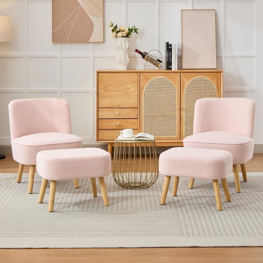 Merax Set van 2 loungestoel met kruk fauteuil met kruk stoel zonder armleuningen gevoerde zitting teddystof roze