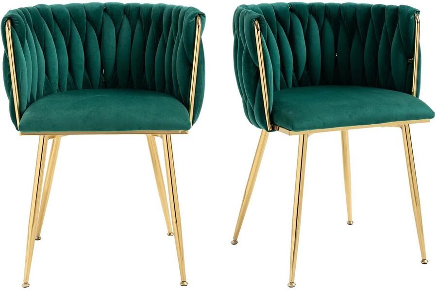 Merax Set van 2 Luxe Eetkamerstoelen – Smaragdgroen Velvet – Gevlochten Rugleuning – Gouden Metalen Poten – Art Deco Design – Voor Woonkamer Eetkamer of Slaapkamer