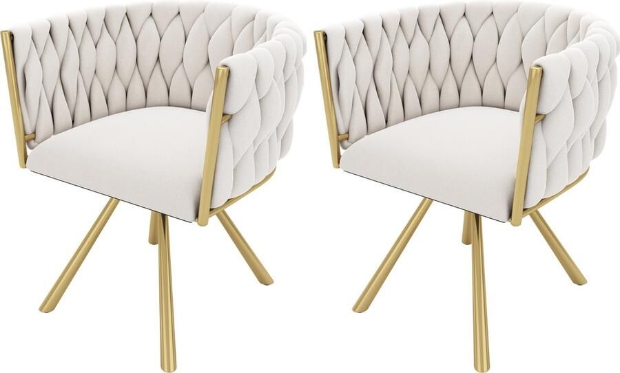 Merax Set van 2 Luxe Fluwelen Draaibare Eetkamerstoelen – Beige en Goud – 360° Draaibaar Ergonomisch Ontwerp en Stalen Poten