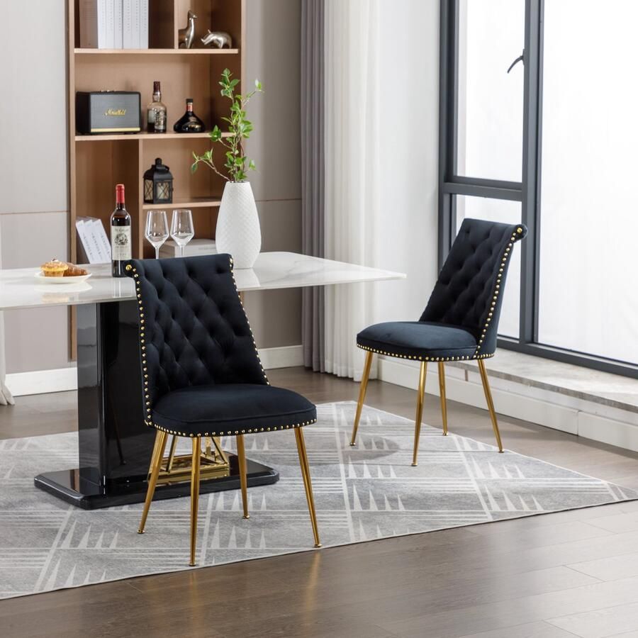 Merax Set van 2 Moderne Fluwelen Eetkamerstoelen met Gouden Metalen Poten Zwart