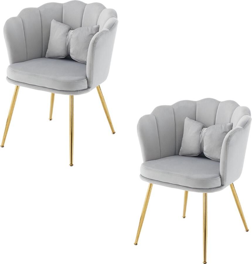 Merax Set van 2 moderne fluwelen stoelen met bloemblad rugleuning vergulde metalen poten en vlinderkussen voor slaapkamer eetkamer en woonkamer (grijs) - Foto 2