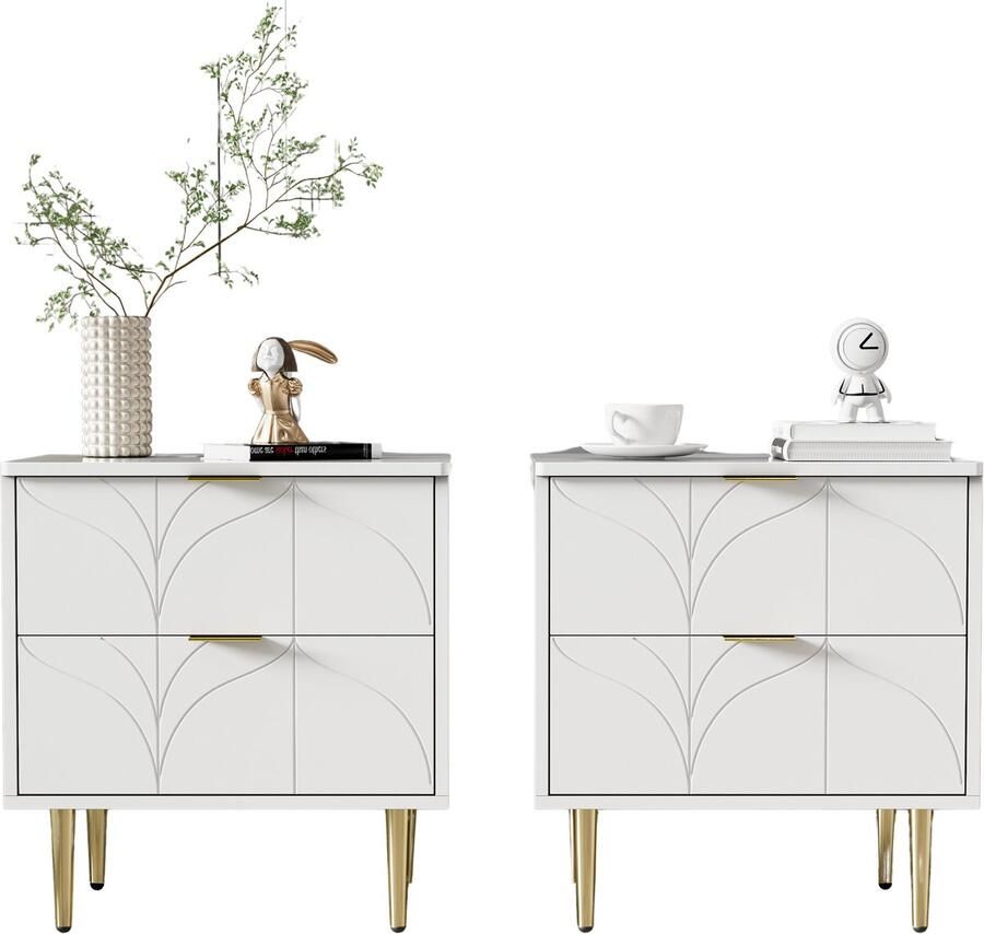 Merax Set van 2 Nachtkastje met Vergulde Handgrepen en Bloemmotief – Nachtkastjes met 2 Lades MDF & Staal 50x40x54 cm – Wit met Goud