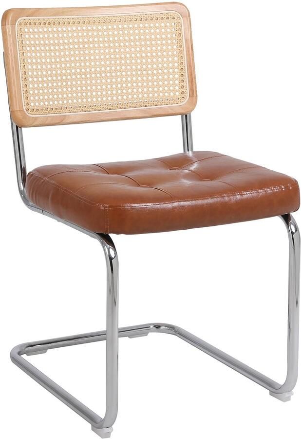 Merax Set van 2 Rattan Eetkamerstoelen – Klassiek & Modern Design – Kunstleder Bekleding – Mesh Rugleuning – Metalen Chromen Poten – Bruin - Foto 2