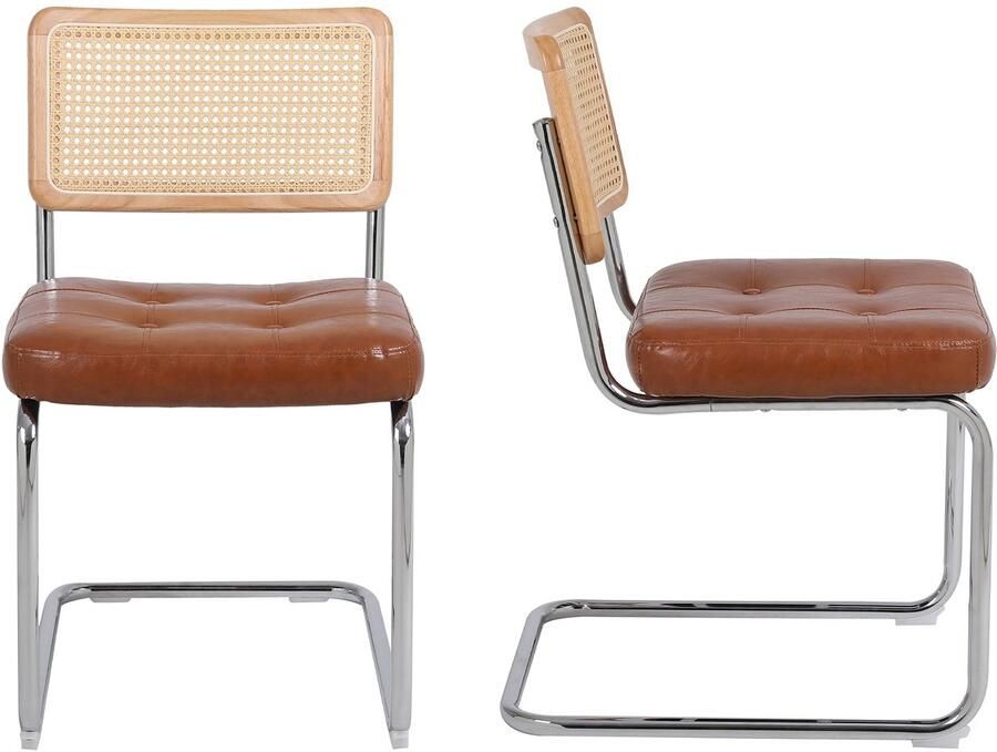 Merax Set van 2 Rattan Eetkamerstoelen – Klassiek & Modern Design – Kunstleder Bekleding – Mesh Rugleuning – Metalen Chromen Poten – Bruin