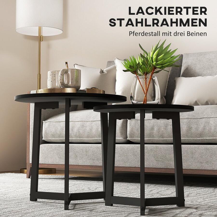 Merax Set Van 2 Ronde Bijzettafels Salontafels Zwart Staal En MDF Stapelbaar Modern Design Woonkamer Koffietafels