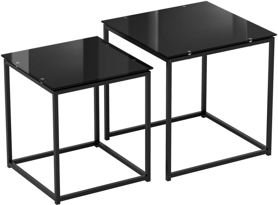 Merax Set van 2 Salontafels Moderne Vierkante Bijzettafels met Glazen Tafelblad en Zwart Stalen Frame