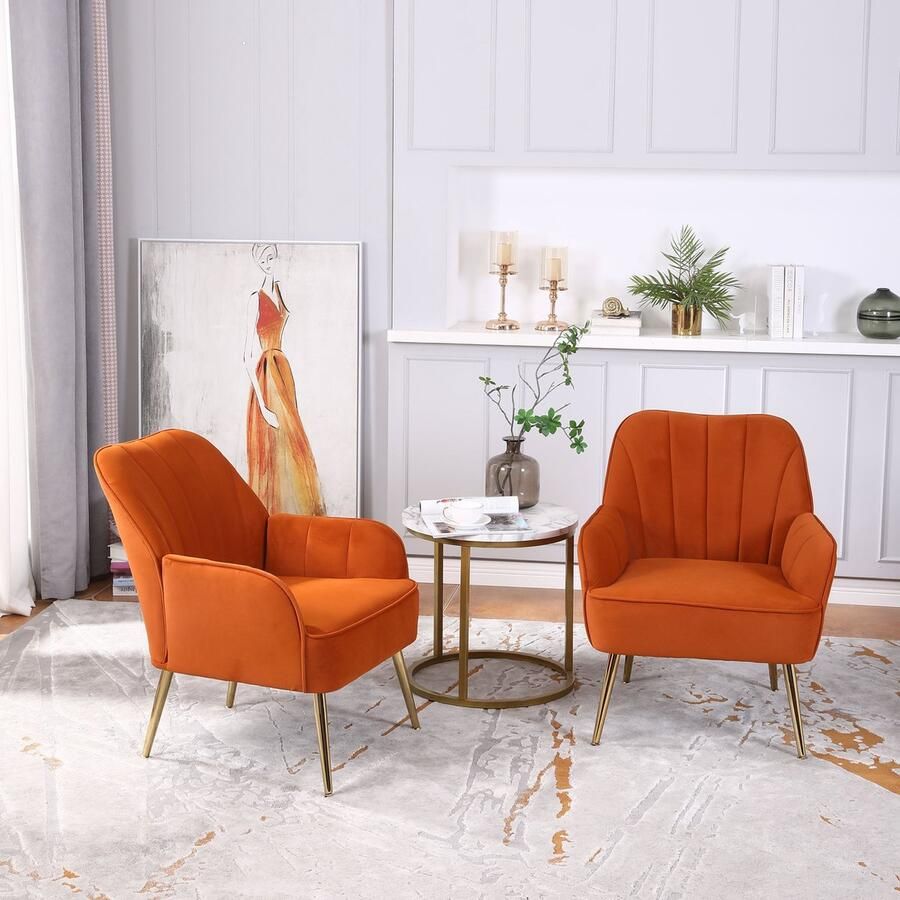 Merax Set van 2 Samt Accent Stoelen Ergonomische Freizeitsitze voor Woonkamer Thuiswerkplek en Kantoor Oranje - Foto 2