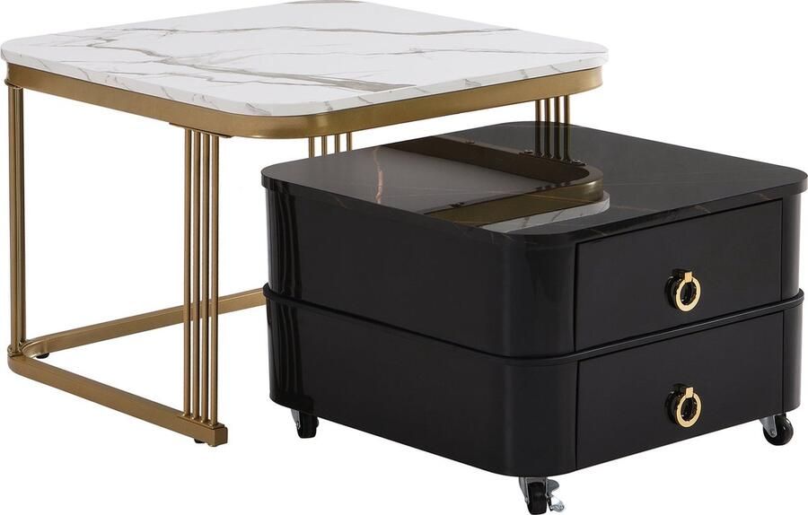 Merax Set van 2 Stapelbare Salontafels in Hoogglans Marmerlook met Glasplaat Bijzettafel met Lade en Wielen Wit met Goud en Zwart