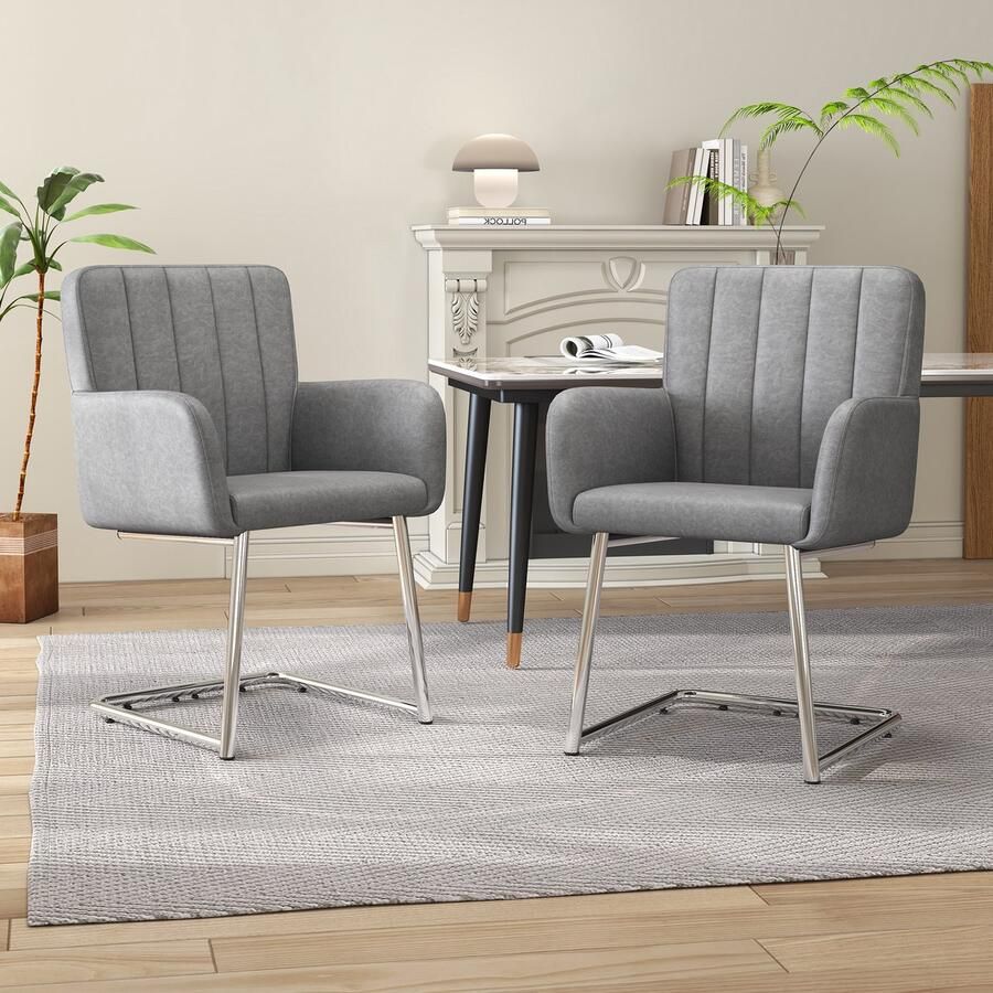 Merax Set van 2 verticaal gestreepte eetkamerstoelen gestoffeerde fauteuil met zigzag metalen poten loungestoel woonkamerstoel kunstleer grijs