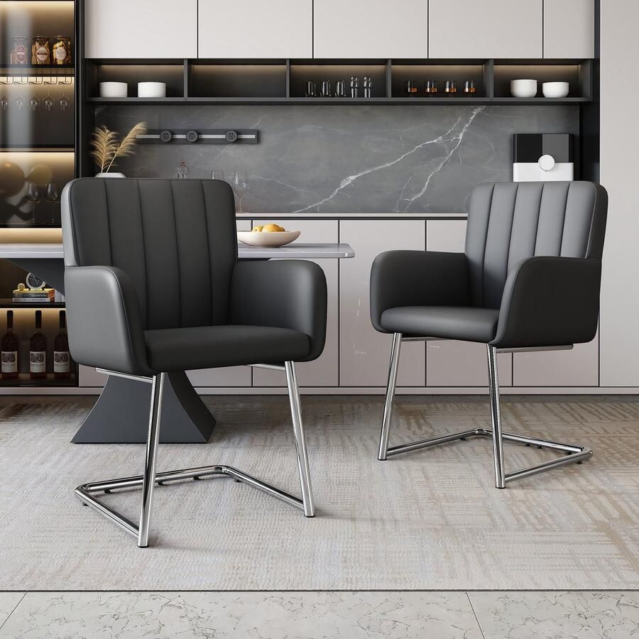 Merax Set van 2 verticaal gestreepte eetkamerstoelen gestoffeerde fauteuil met zigzag metalen poten loungestoel woonkamerstoel kunstleer zwart