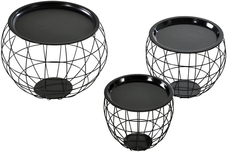 Merax Set van 3 Ronde Bijzettafels Zwarte Metalen Salontafels Met Opbergruimte Afneembaar Tafelblad Woonkamer of Slaapkamer