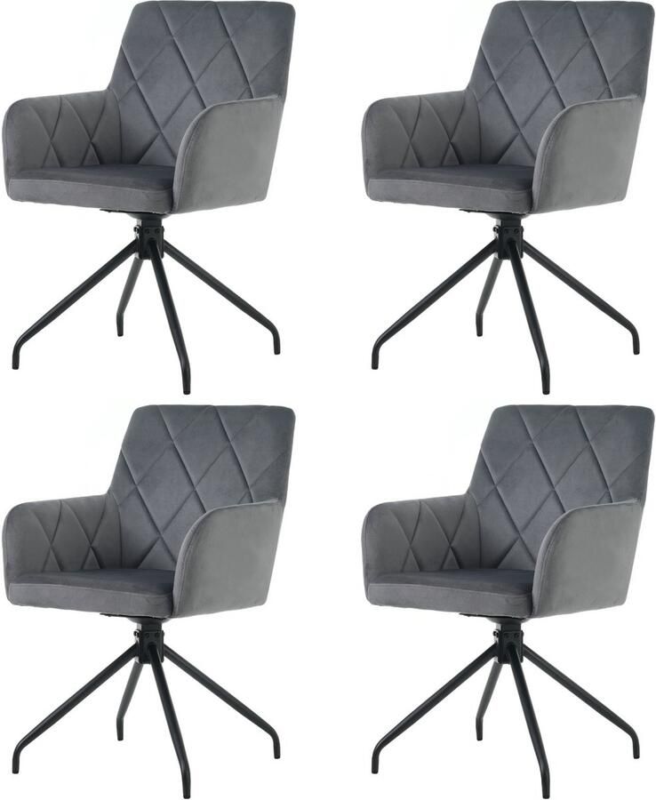 Merax Set van 4 360° draaibare eetkamerstoelen met ruitpatroon gestoffeerde fauteuil loungestoelen stoelen in de slaapkamer woonkamer studeerkamer donkergrijs