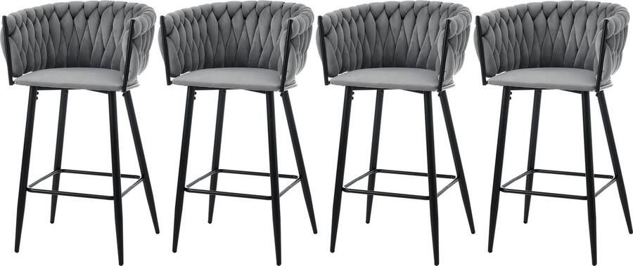 Merax Set van 4 Barkrukken – Grijze Fluwelen Krukken met Metalen Poten – Comfortabele Zitting – Modern Design – Voor Eetkamer of Bar