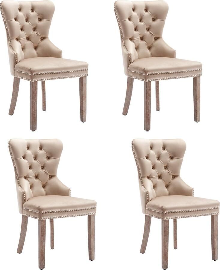 Merax Beige Eetkamerstoelen (4 Stuks) met Uniek Deurbelontwerp Velvet Bekleding en Massief Houten Poten Elegant Polsterstoel met Nagelkopafwerking