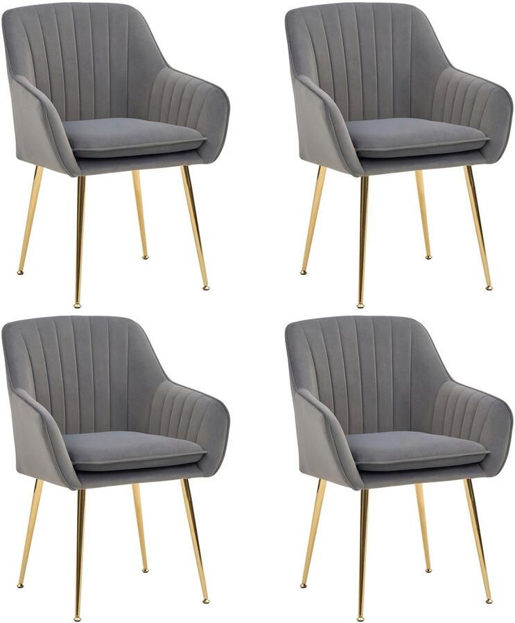 Merax Set van 4 Eetkamerstoelen Fluwelen Design met Steppatroon en Gouden Poten Grijs