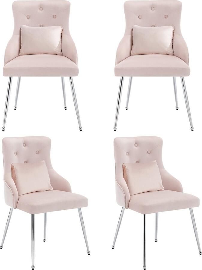 Merax Set Van 4 Eetkamerstoelen met Knopdetail Gepolsterde Loungestoelen Stijlvolle Metalen Poten Roze Ergonomisch met Lendensteun