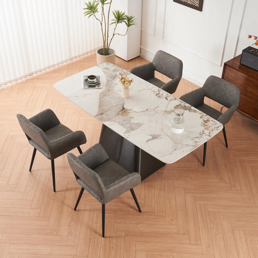 Merax Set van 4 Make-up Stoelen – Kunstleren Eetkamerstoelen in Cementgrijs – Ergonomisch Ontwerp – Makkelijk Onderhoud