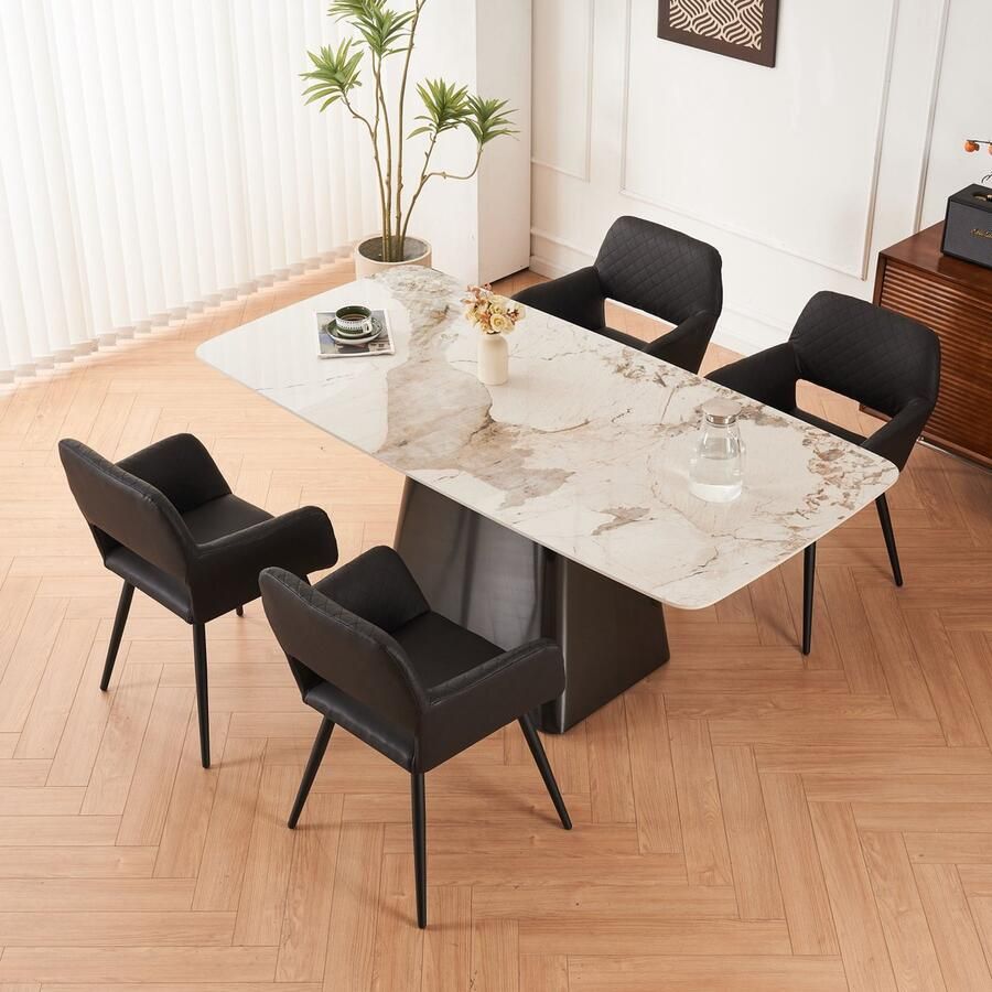 Merax Set van 4 Eetkamerstoelen Kunstleer Keukenstoelen in Modern Design Ergonomische Stoelen Zwart