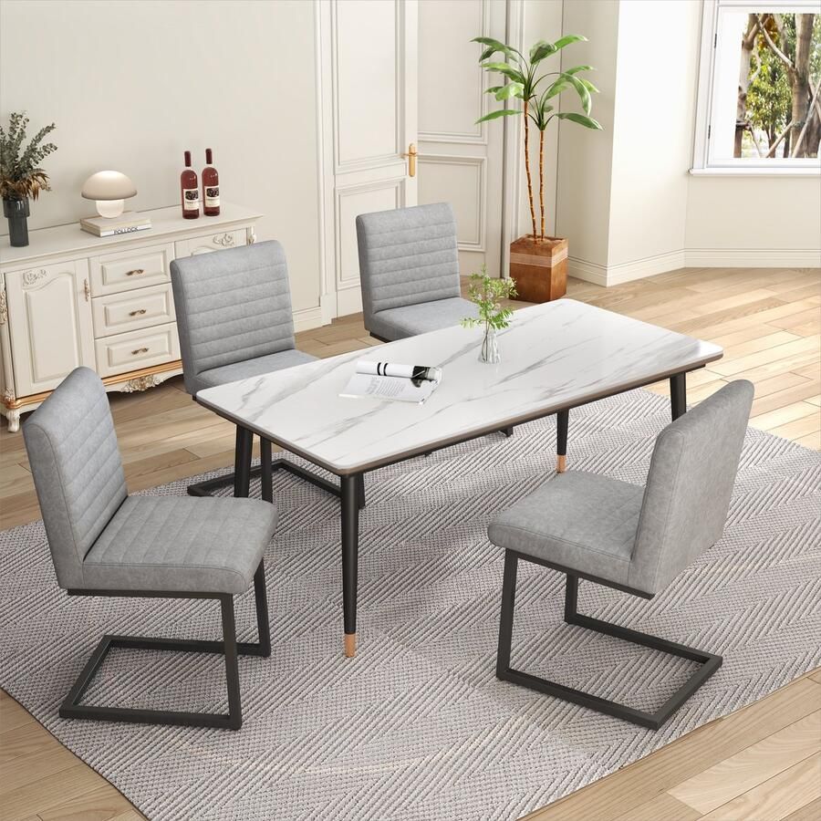 Merax 4er Set Esszimmerstoelen met Verticale Strepen Gepolsterde Stoelen met Zickzack Metalen Poten Modern Lounge Stoel voor Eetkamer Werkruimte en Slaapkamer Kunstleer Lichtgrijs - Foto 2