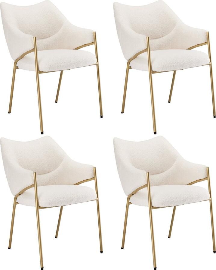 Merax Set van 4 Eetkamerstoelen – Luxe Beige Sherpa Stof met Armleuningen en Gouden Poten – Comfortabele Designstoelen