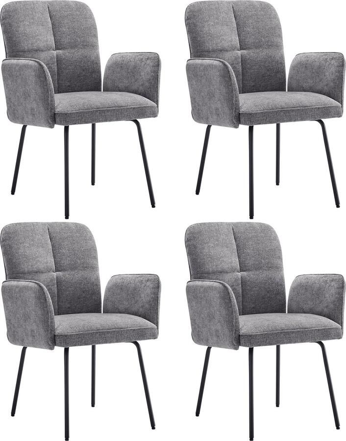 Merax Eetkamerstoelen (Set van 4) Luxe Woonkamerstoelen met Zacht Kussen Extra Brede Rugleuning Zwarte Metalen Poten Grijs