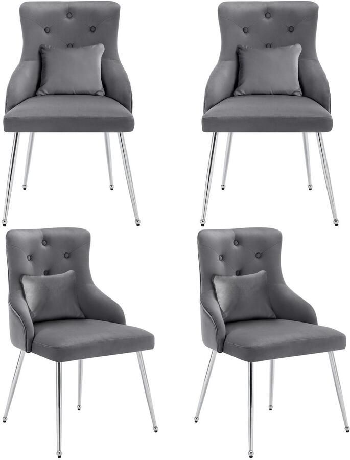 Merax Set van 4 eetkamerstoelen met knopenpatroon gestoffeerde fauteuils moderne loungestoelen stoelen in de slaapkamer woonkamer met lendenkussens Grijs