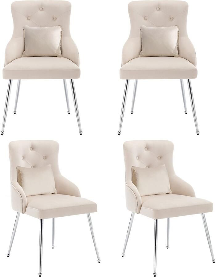 Merax Set van 4 eetkamerstoelen met knopenpatroon gestoffeerde fauteuils moderne loungestoelen stoelen in de slaapkamer woonkamer met lendenkussens beige