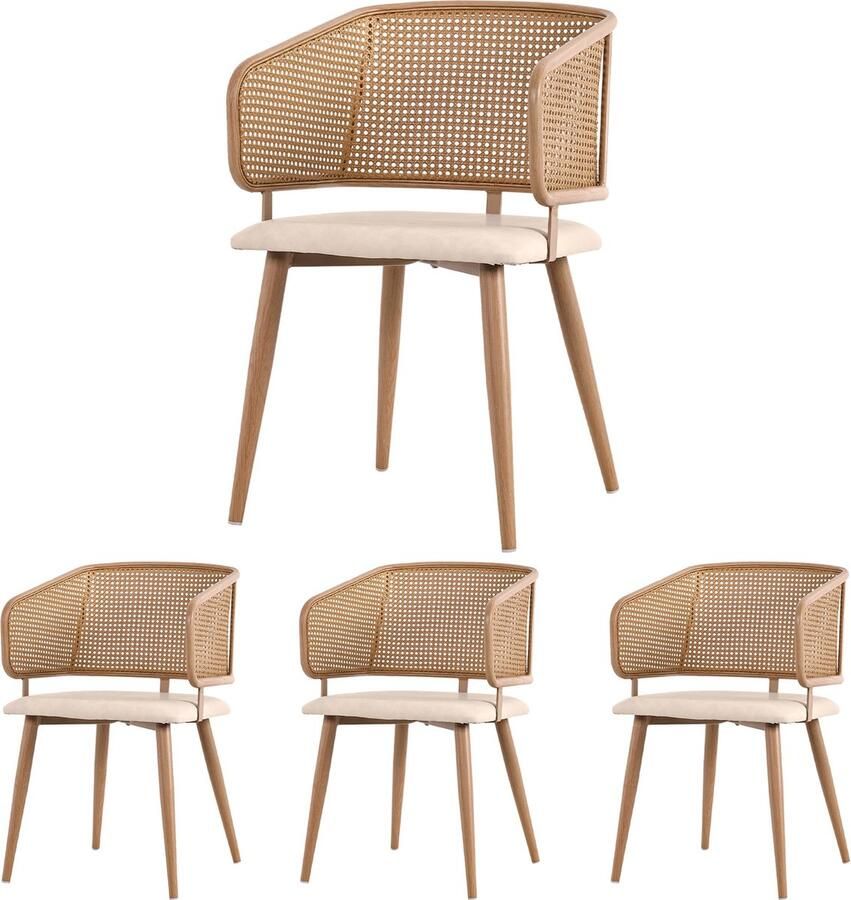 Merax Set van 4 Eetkamerstoelen met Rieten Rugleuning en PU Leren Zitting – Modern en Stijlvol Ontwerp Geschikt voor Eetkamer Woonkamer en Café