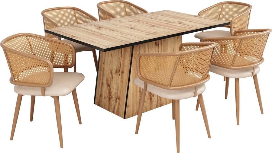 Merax Set van 4 Eetkamerstoelen met Rieten Rugleuning en PU Leren Zitting – Modern en Stijlvol Ontwerp Geschikt voor Eetkamer Woonkamer en Café - Foto 2