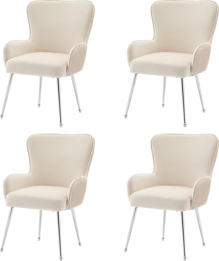 Merax Set van 4 Eetkamerstoelen – Velvet Stoelen met Armleuningen en Verstelbare Poten – Comfortabele Lounge Stoelen – Beige met Zilver