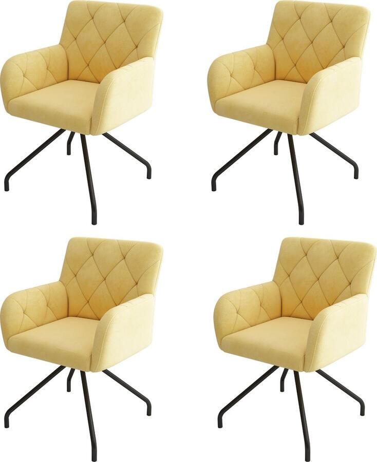 Merax Set van 4 Eetkamerstoelen – Gestoffeerde Stoelen met Ruitpatroon – Samt Stoelen met Metalen Poten – Moderne Lounge Stoelen voor Woonkamer Slaapkamer en Werkplek – Lichtgeel